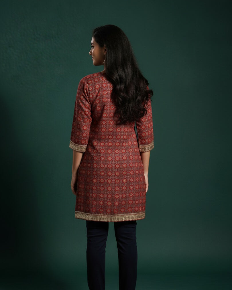 Rust Red Ajrak Elegance Kurti