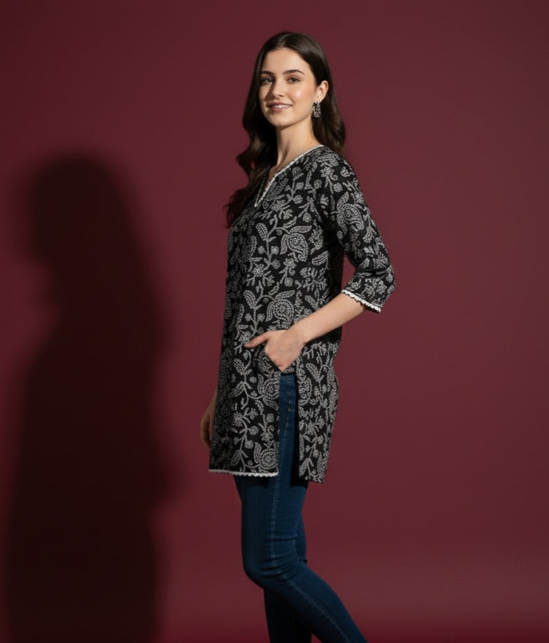 Midnight Blossom Cotton Kurti