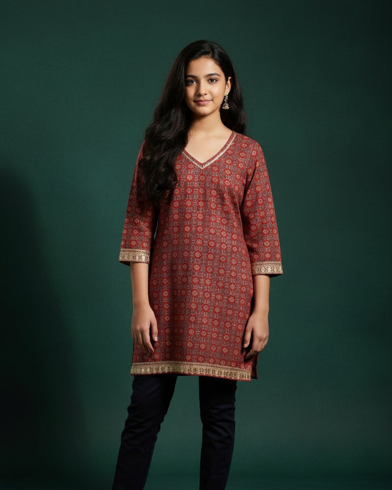 Rust Red Ajrak Elegance Kurti