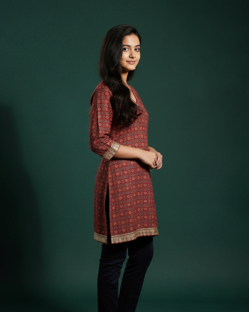 Rust Red Ajrak Elegance Kurti