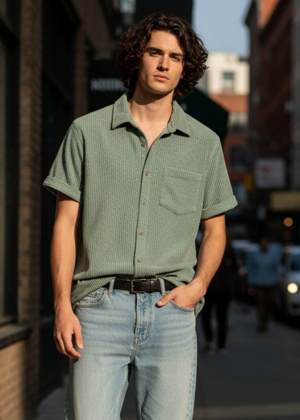 Men Regular Fit Self Design Spread Collar Casual Shirt