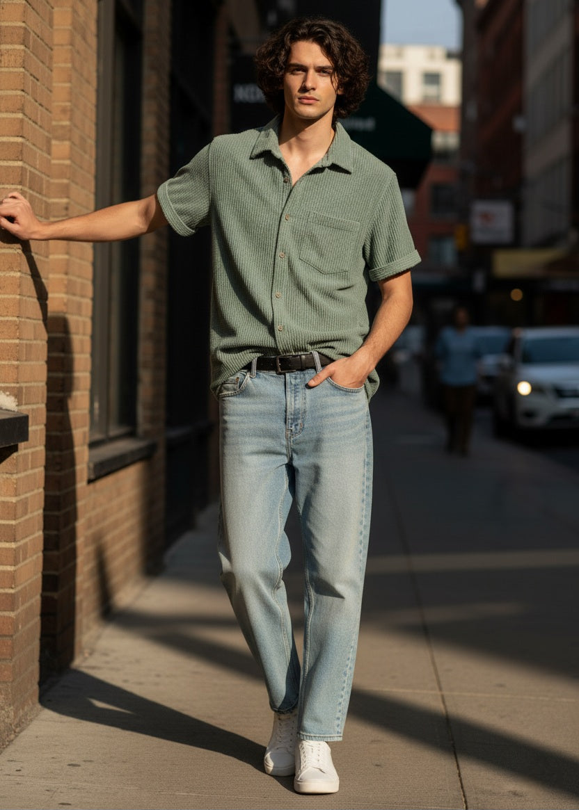 Men Regular Fit Self Design Spread Collar Casual Shirt