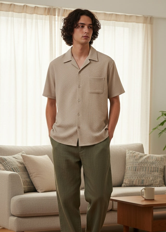 Men Regular Fit Self Design Spread Collar Casual Shirt