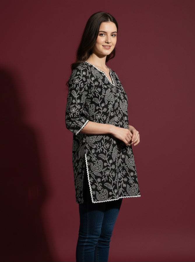 Midnight Blossom Cotton Kurti