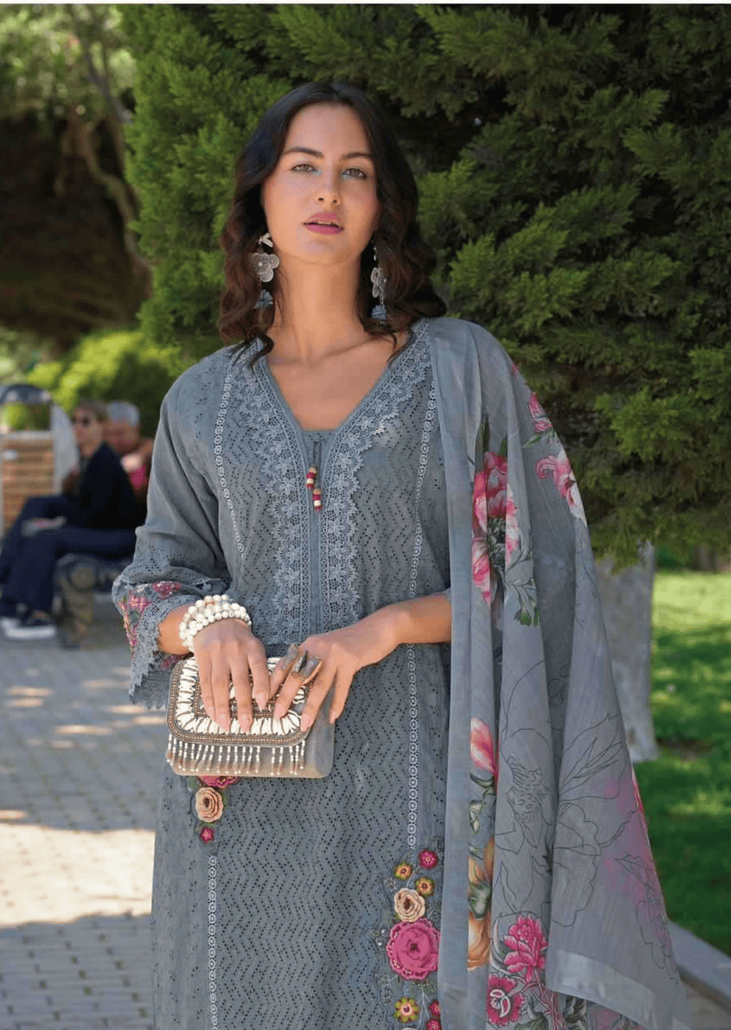Zeenat Graceful Grey Floral Embroidered Cotton Suit