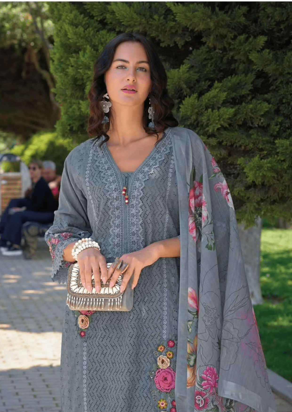 Zeenat Graceful Grey Floral Embroidered Cotton Suit