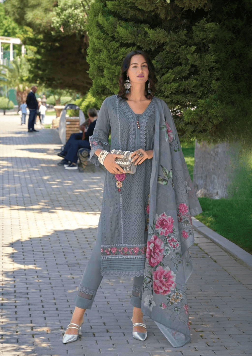 Zeenat Graceful Grey Floral Embroidered Cotton Suit